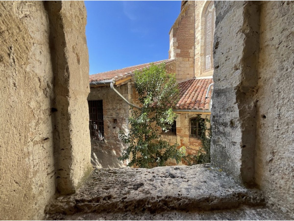 Vue sur les toits de tuiles et le bâti ancien d'Agen depuis une fenêtre de l'immeuble